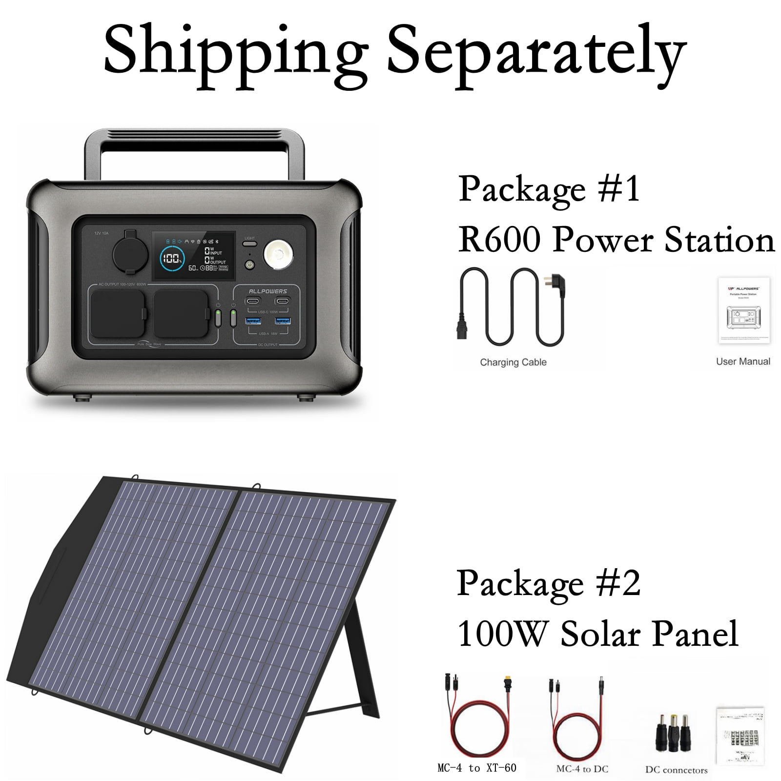 ALLPOWERS R600 Portable Solar Generator Kit, 2 Pack 100W (Total 200W) Foldable Solar Panel with 600 Watt 299Wh LiFePO4 Power Station, for Camping, Home Backup, Power Outage [Shipping Separately]