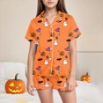 thumbnail image 2 of TOWED22 Girls Halloween Pajama Set Short Sleeve Button Down Silky Satin Girls PJS Kids Sleepwear Fall Winter Nightwear Loungewear Set for 2-13 Years(Orange,6-7 Y), 2 of 6