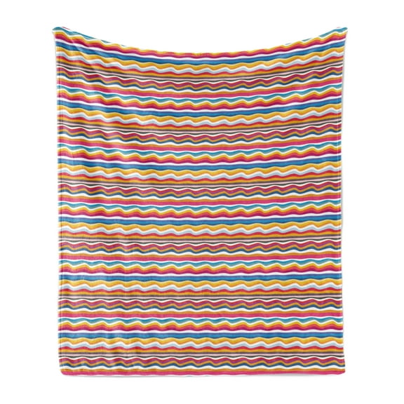 Colorful Soft Flannel Fleece Throw Blanket, Demonstration of Wavy Stripes Flowing Horizontal Rainbow Inspired Several Tones, Cozy Plush for Indoor and Outdoor Use, 50" x 70", Multicolor, by Ambesonne