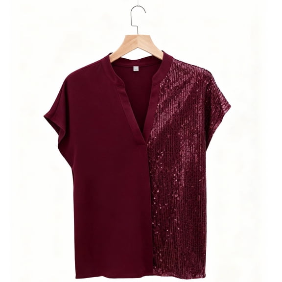 Women's Sequin Sparkly Tops Cap Sleeve Dressy Blouses Glitter Party V-Neck Disco Shirts Club Concert Outfits