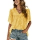 thumbnail image 1 of Camisas de jacquard de verano para mujer, blusa elegante con mangas acampanadas y cuello en V con volantes de Color puro para citas, 1 of 8