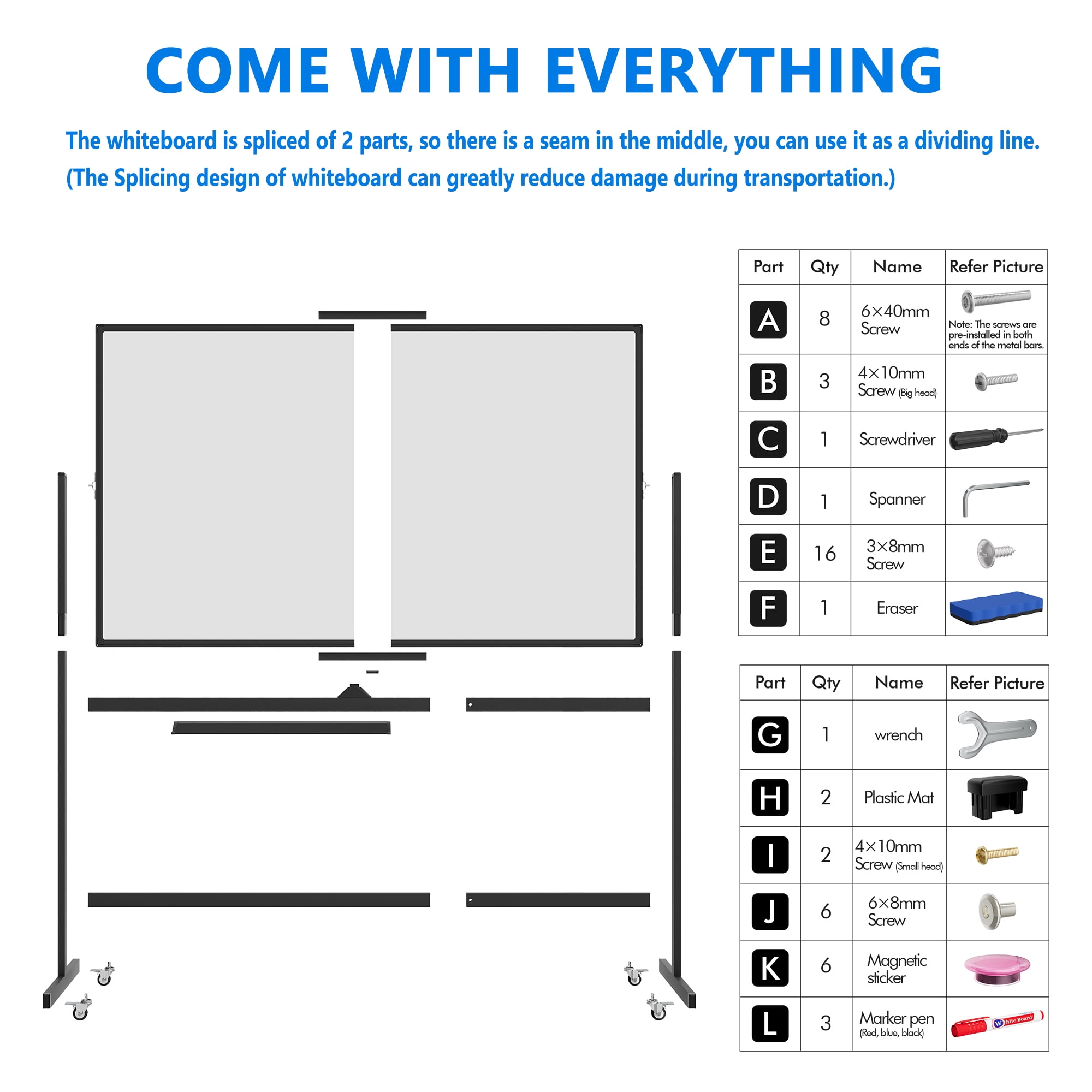 Tooloton Large Rolling Whiteboard on Wheels, 48 x 36 Inches with Stand, 4' x 3' Magnetic Dry Erase Board Easel, Black