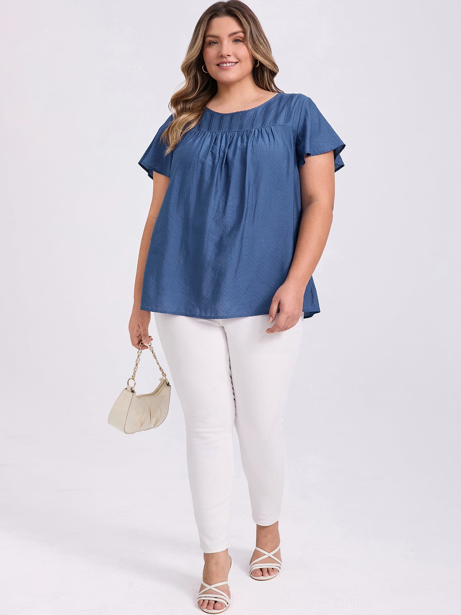 DARING DIVA Women's Plus Crew Neck Ruffle Casual Blouse 2X Dark Blue