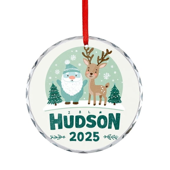 Customized Santa And Deer Childs Name Ornament Gifts for Women Personalized Name First Xmas Round Glass Hanging Ornament