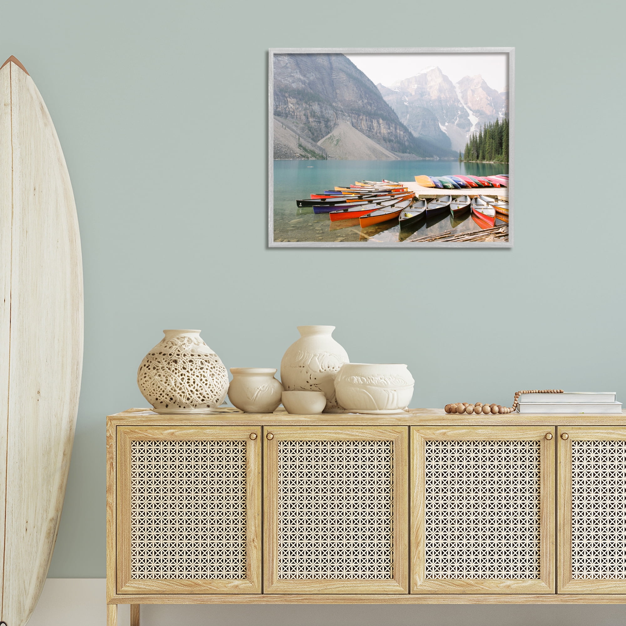 Stupell Industries Cliffside Canoe Dock Landscape Photography Gray Framed Art Print Wall Art, 30 x 24