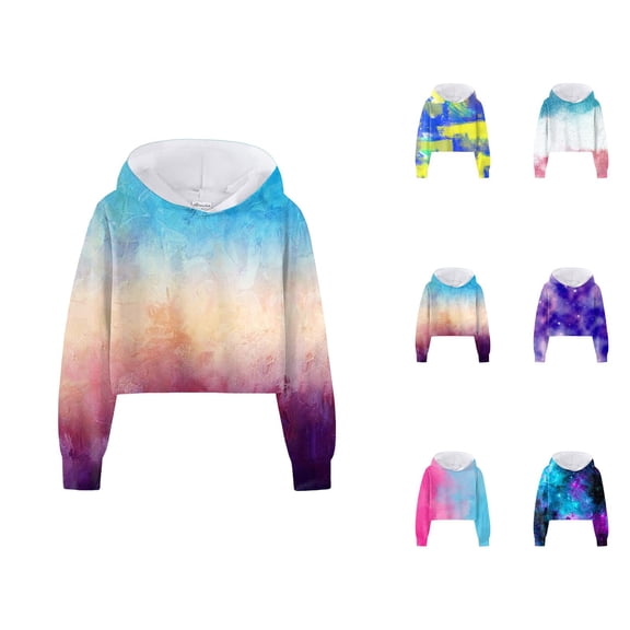 Girls Cropped Hoodies Tie Dye Long Sleeve Graphic Hooded Sweatshirt Kids Pullover Tops