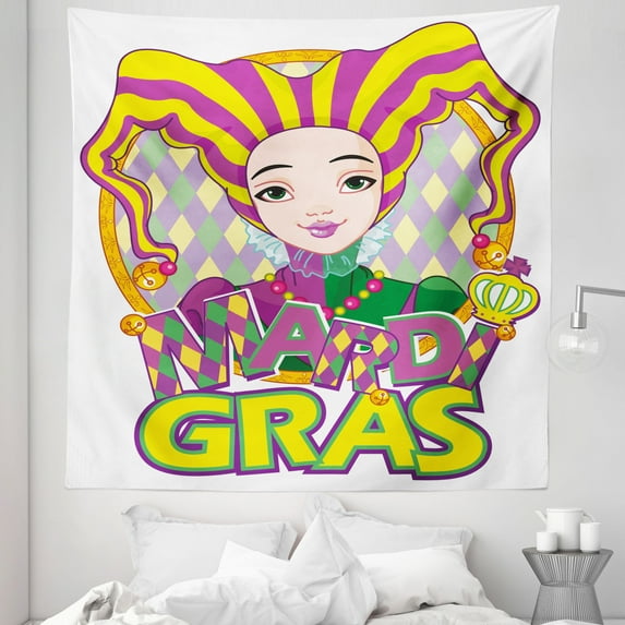 Mardi Gras Tapestry, Carnival Girl in Harlequin Costume and Hat Cartoon Fat Tuesday Theme, Fabric Wall Hanging Decor for Bedroom Living Room Dorm, 5 Sizes, Yellow Purple Green, by Ambesonne