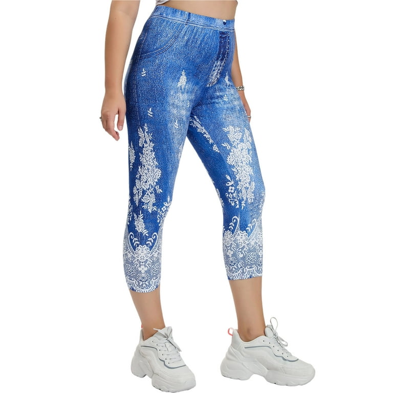 Frontwalk Women Plus Size Leggings Capri Pants Tummy Control Faux Denim  Capris Fake Jeans High Rise Jeggings Blue 4XL 