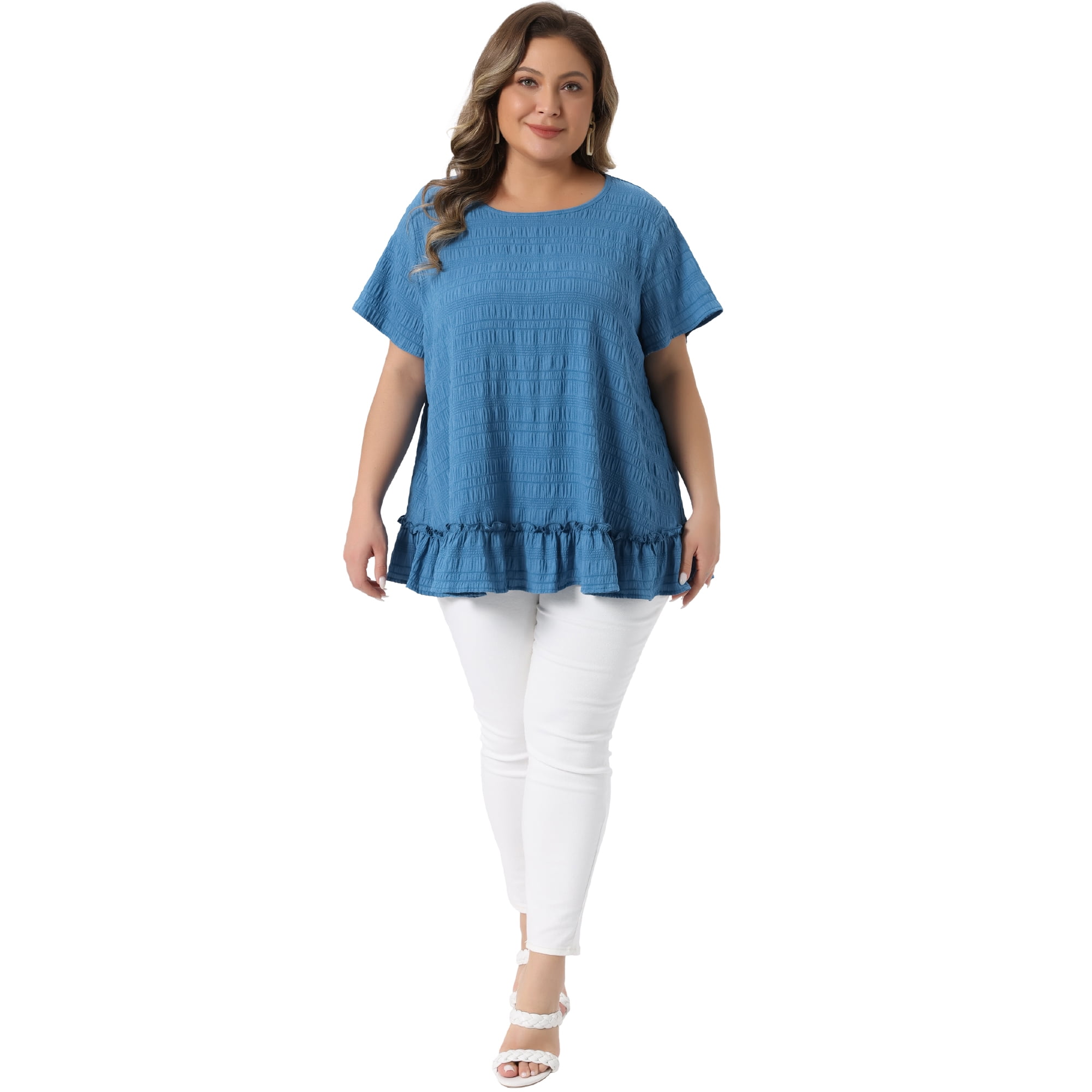 DARING DIVA Women's Plus Crew Neck Short Sleeve Loose Fit Flowy Blouse Top 1X Blue