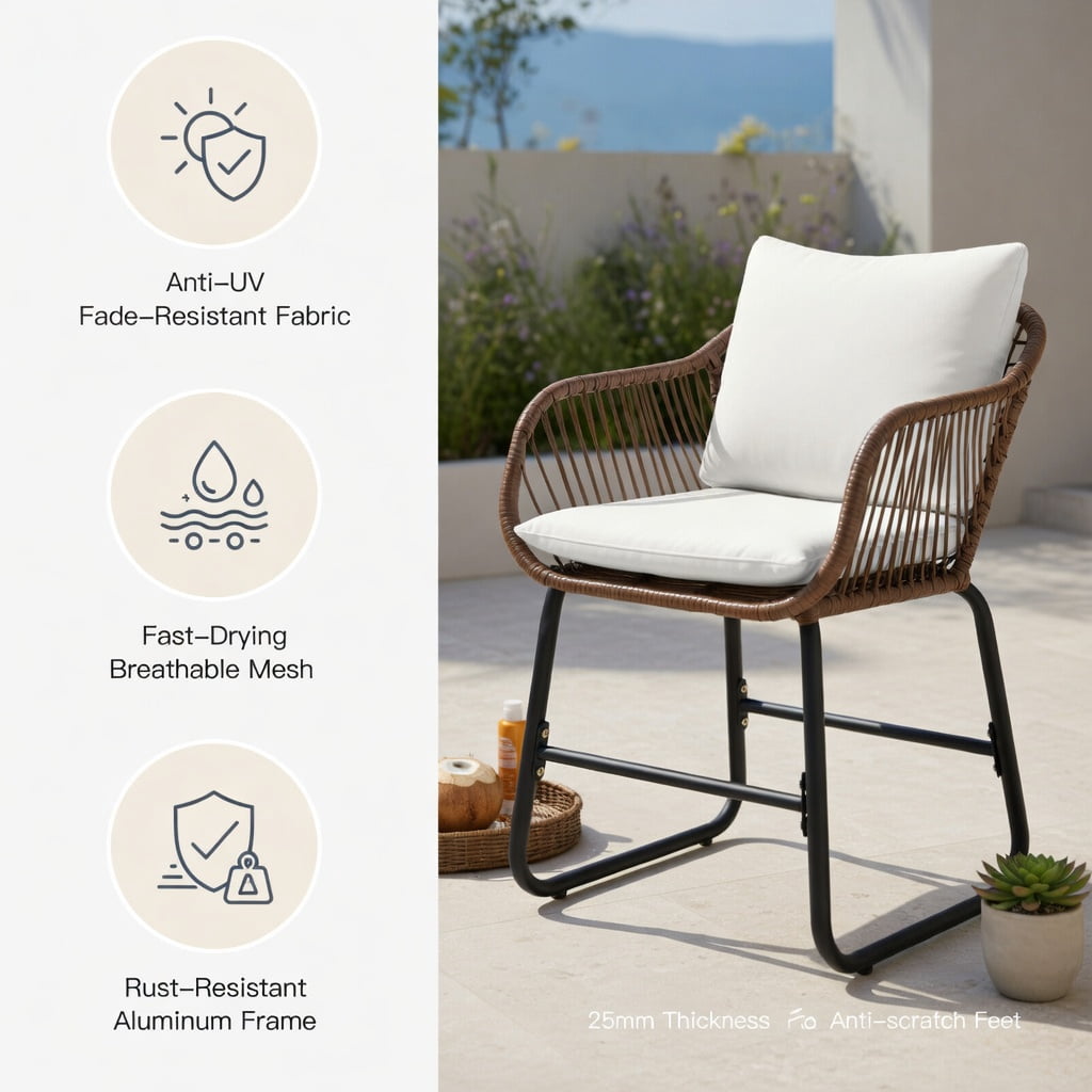 Hommoo 3-Piece Outdoor Rattan Bistro Set with Cushions, Weather-Resistant PE Wicker Armchairs + Tempered Glass Table for Patio, Balcony, Poolside, White