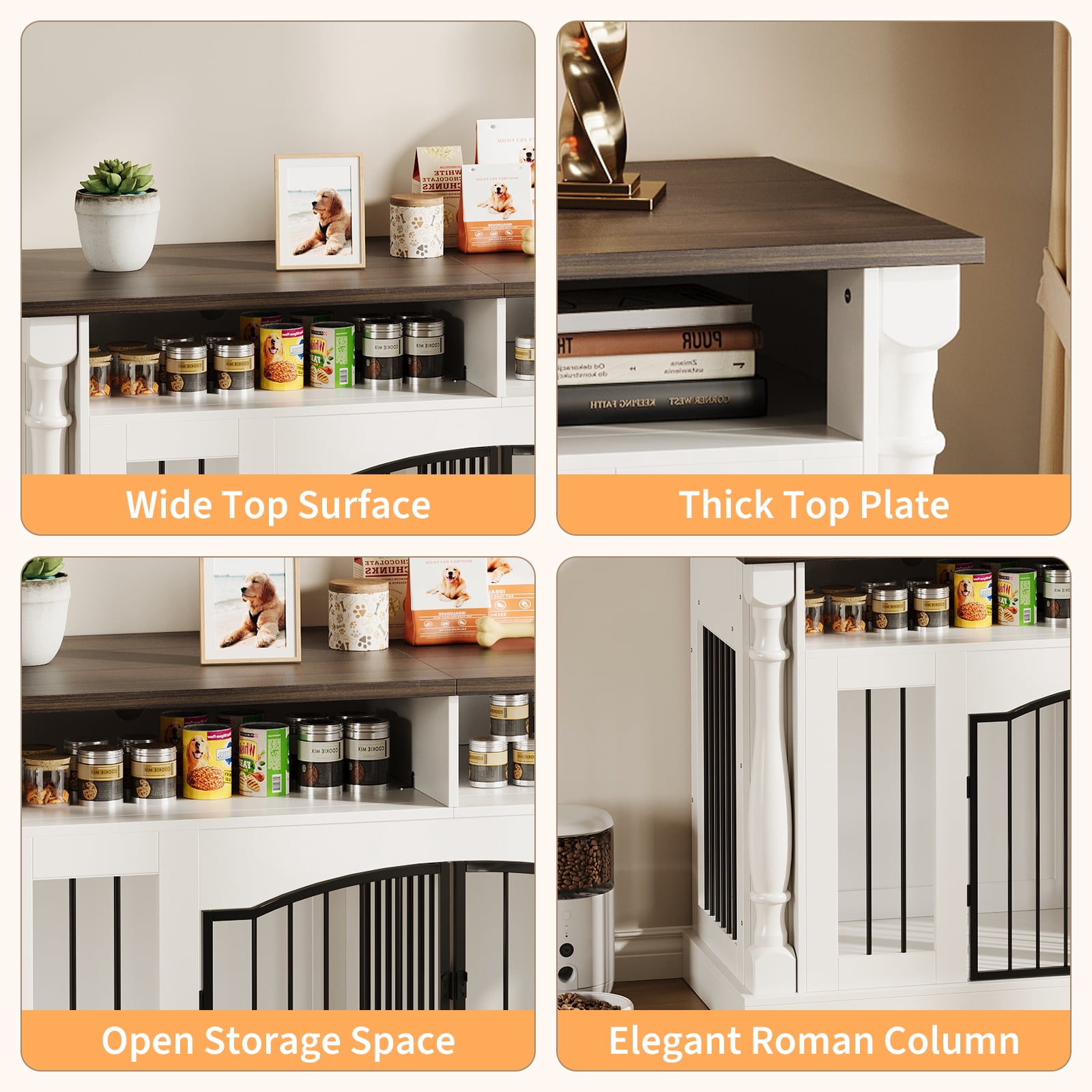 Heavy Duty Double Dog Crate Furniture for 2 Small & Medium Dogs - 63" Roman Column Wooden Kennel with Semi-Open Storage, TV Stand Table, Double Sliding Barn Doors - Natural Wood Finish