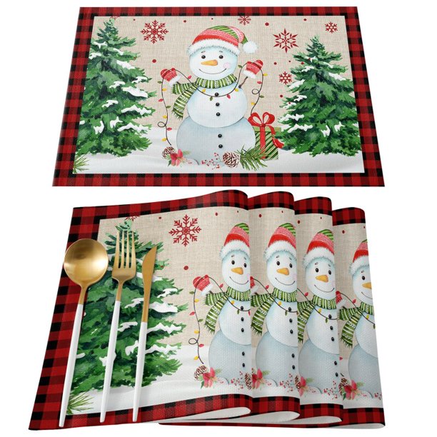 4Pcs Christmas Faceless Gnome Tree Elk Printed Linen Place Table Mat Cloth Pad Cup Doilies Dish Coaster Dining Kitchen Placemat733x48cm He Qiyong unisex