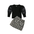 thumbnail image 1 of Seyurigaoka 2Pcs Toddler Baby Girls Fall Outfits Long Lantern Sleeve Ribbed Knit Pullover Tops + Tweed Skirt Set for 6M-4Y Kids, 1 of 9