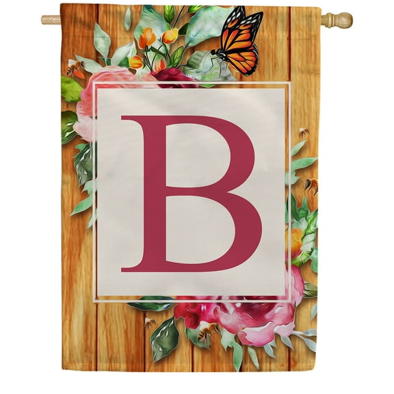 America Forever Spring Monogram House Flag Letter B 28 x 40 inches Double Sided Vertical Outdoor, Yard, Lawn, Seasonal Decorative Flowers Bees and Butterflies Summer House Flag