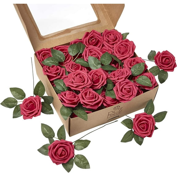ARTIFICIAL FOAM ROSES | Attractive Fake Flowers for Decoration | DIY Wedding Centerpieces, Bouquets and More | Includes: 50 Roses with stems and 20 Leaves | Fuchsia