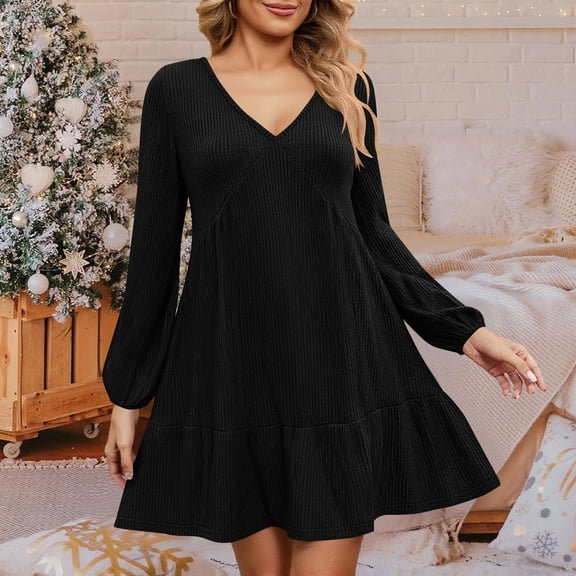 Women's Long Sleeve V-Neck Casual Brushed Knit Dress with Pinstripe Detail