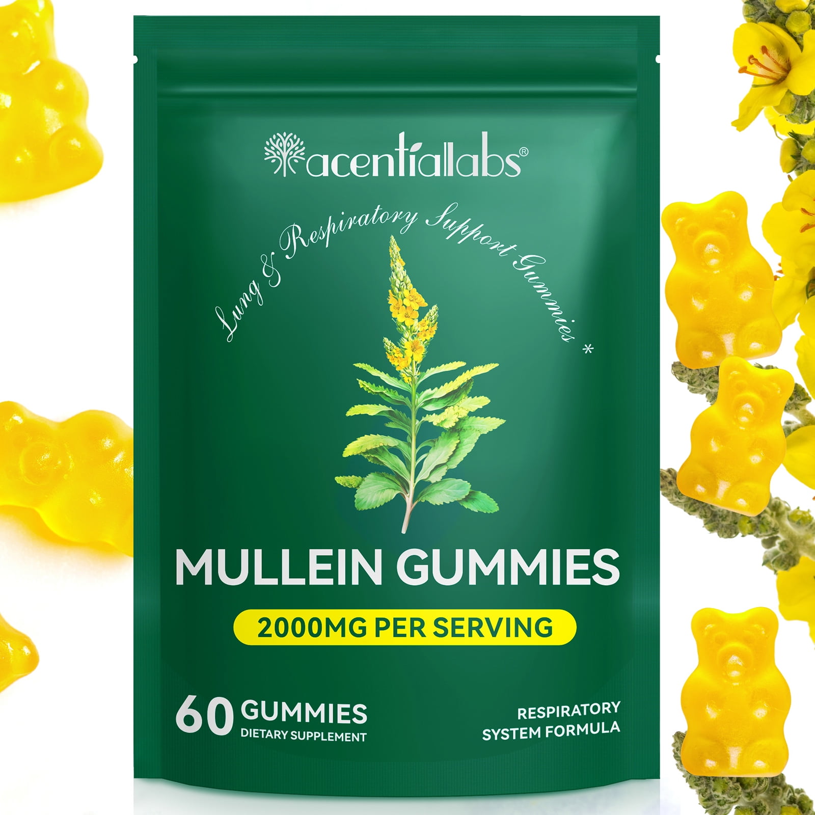 Mullein Leaf Gummies 2000mg, Lung Health Support, Herbal Dietary Supplement, Easily Absorbed, 60 Gummies