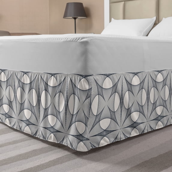 Geometric Bed Skirt, Angular Shapes with Stripes Monochrome Illustration Ornamental Line Art, Elastic Bedskirt Dust Ruffle Wrap Around for Bedding Decor, 4 Sizes, Ivory and Black, by Ambesonne