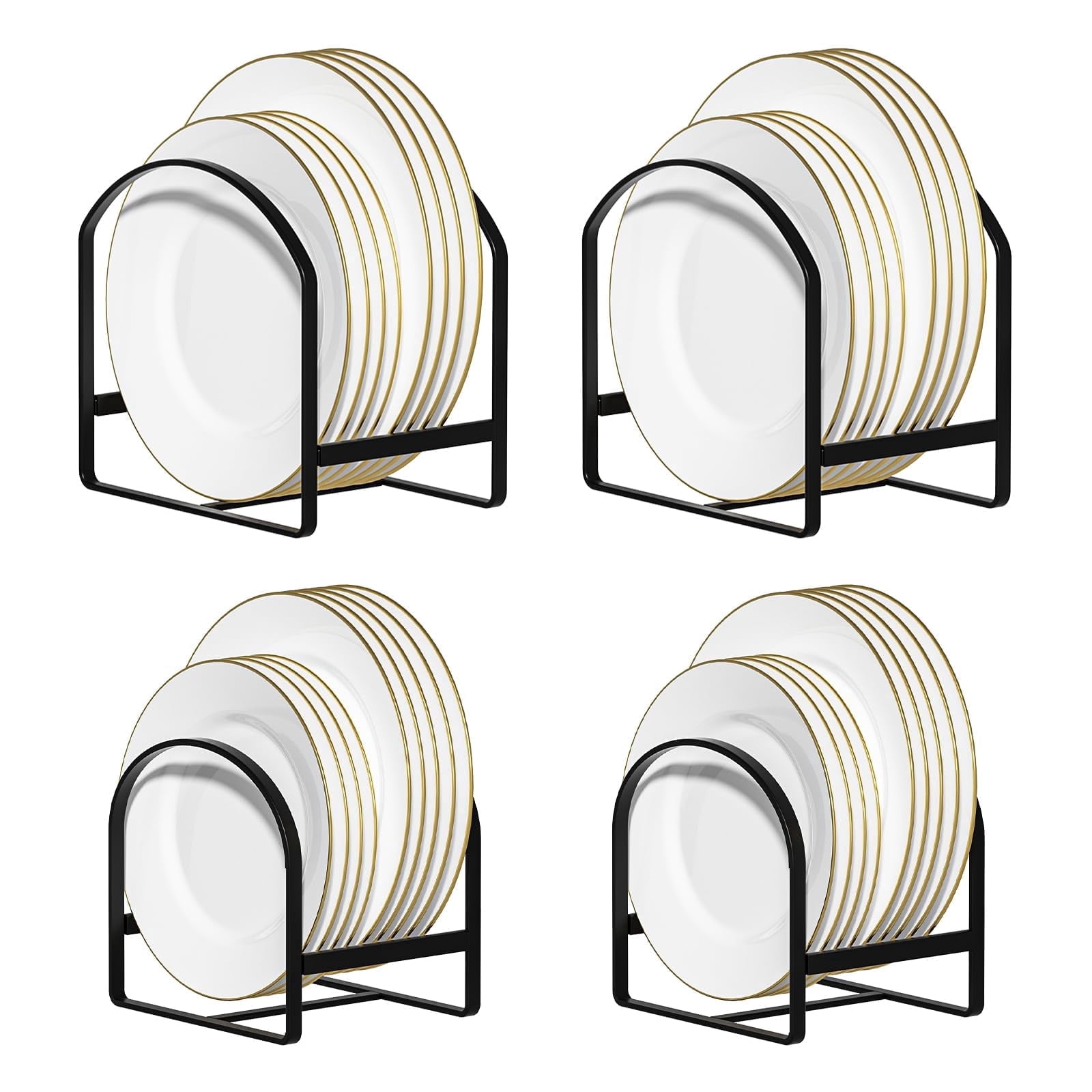 4 Pack Kitchen Plate Holder Organizer for Cabinet Space Saver Dinner Dish Plate Storage Rack Upright Dish Drying Racks Metal Dish Racks Stand for Cupboard and Countertop 2 Large 2 Small Black