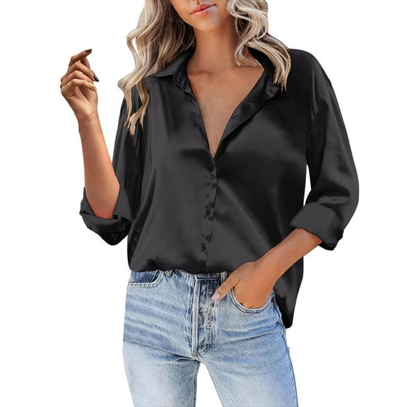 Dyfzdhu Satin Shirts for Women Silky Long Sleeve Button Down Shirt Casual V Neck Blouse Loose Business Work Tunic Tops Dressy Blouses Black