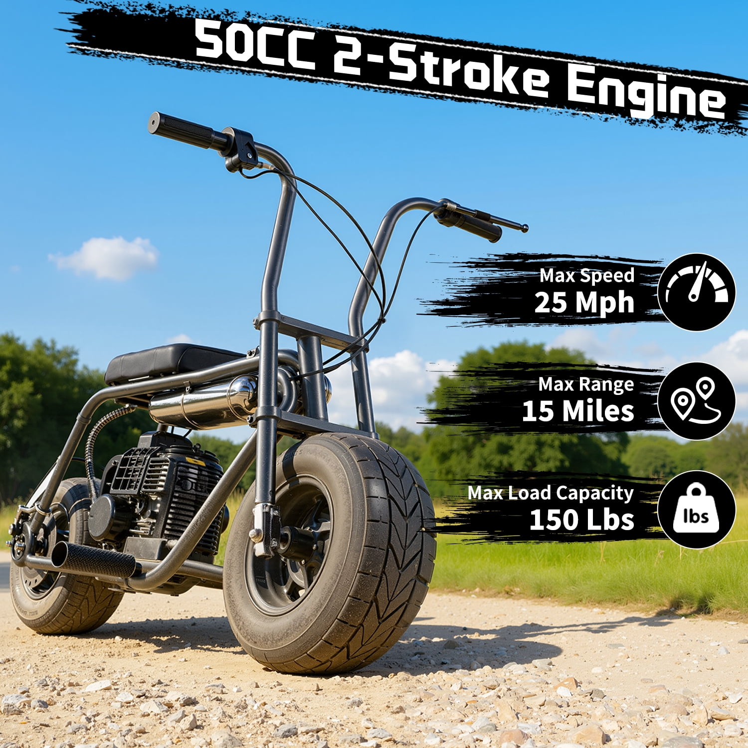 TOXOZERS 50cc Mini Bike, Gas-Powered Mini Dirt Bike with Extra-Wide Seat,Perfect Gift for Kids 8+,25 MPH & 150 LBS Capacity,Black