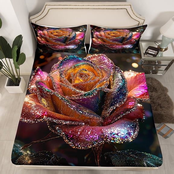Erosebridal Pink Flower Fitted Sheet Set Queen,Sequin Print Fitted Sheet Queen,Super Cozy Bedding Queen Size,Floral Room Decorative,3 Pieces(Fitted Sheet,Pillowcase)