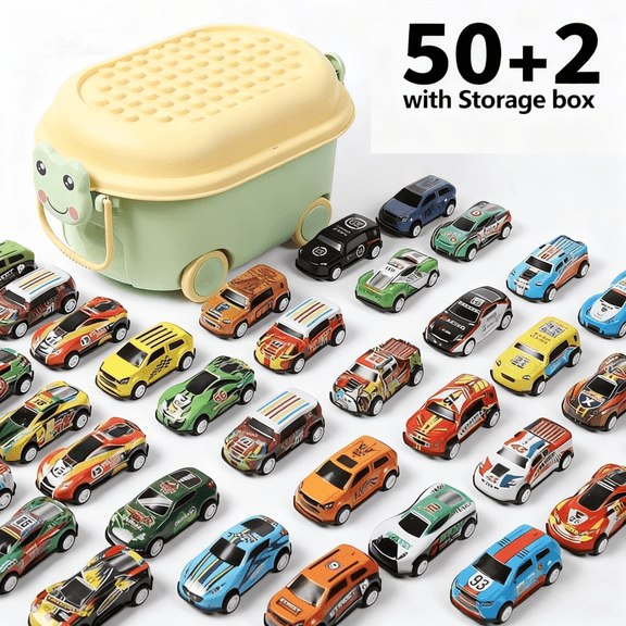Metal Pull Back Cars Set, 52 Piece, With Storage Bucket, 50 Mini Cars and 2 Big 3.5 Inch Off-Road Vehicles