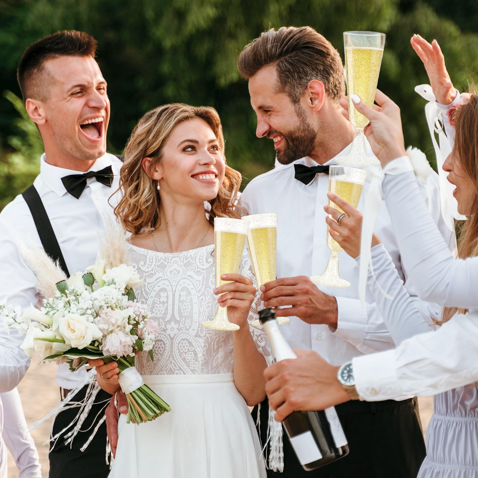 40 Pcs Plastic Champagne Flutes Gold Glitter Disposable Mimosa Glasses Sparkle Clear Acrylic Wedding Toasting Cocktail Cups Bulk for Bridal Shower Birthday Party Supplies