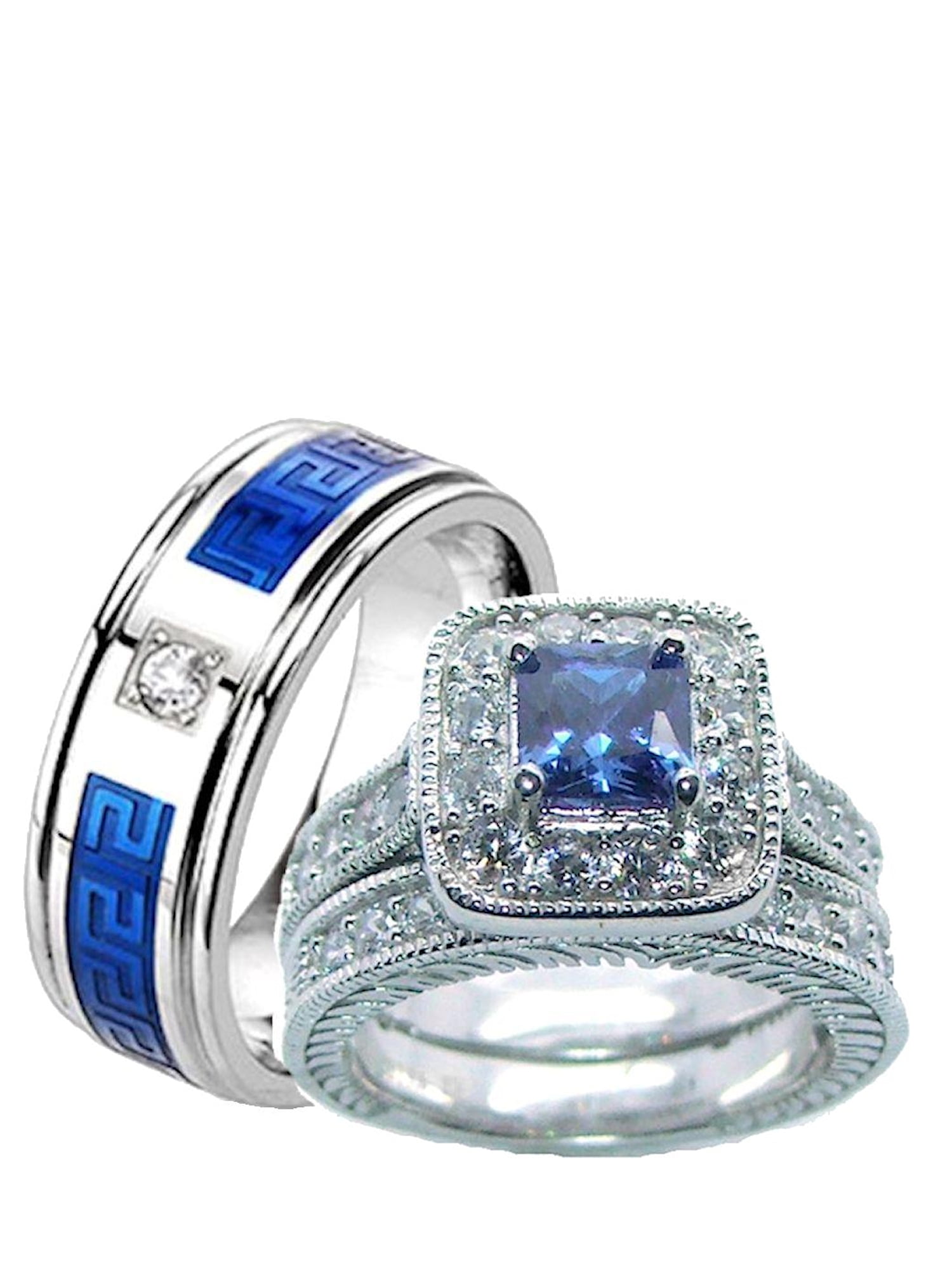 His Stainless Steel and Her Blue Cz Silver Plated Engagement Wedding Ring Set