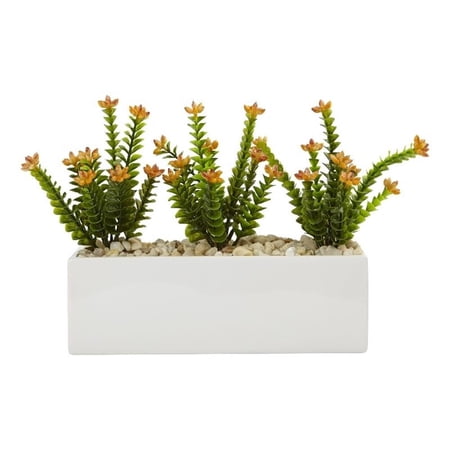 Nearly Natural Flowering Sedum in Rectangular Planter in Green