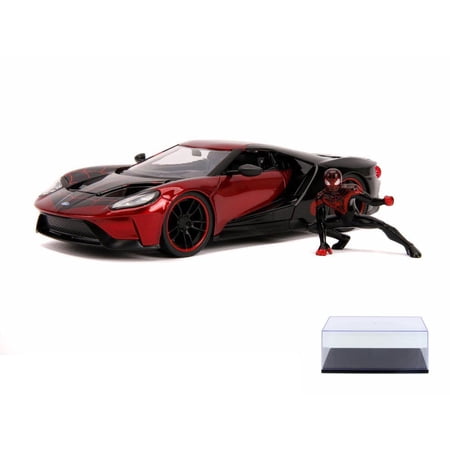 Diecast Car w/Display Case – 2007 Ford GT with Miles Morales Spider Man Figure Red and Black – Jada 31190/4 – 1/24 Scale Diecast Model Toy Car