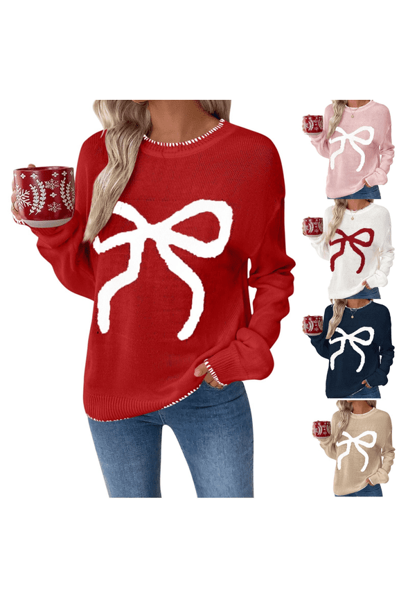 Women Cute Bow Sweater Long Sleeve Bow Front Knitted Pullover Casual Crewneck Contrast Trim Blouses Tops Y2K Christmas Sweater