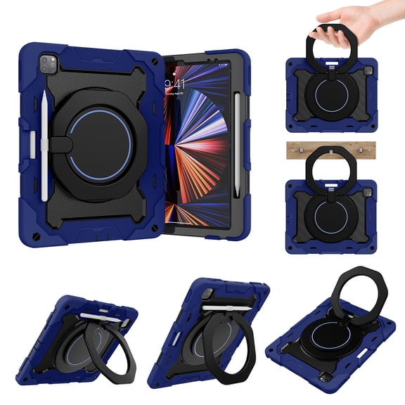 Kids Case for iPad Pro 11" 2022/2021/2020/2018 with Portable Handle Stand, Heavy Duty Cover with Pencil Holder Shockproof Protective Case for iPad Air 5th/4th Gen 10.9" 2022/2020, Darkblue