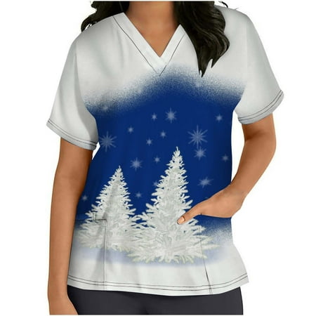 

Women Christmas Scrub_Tops Golden Tree Print Short Sleeve V-Neck Working Uniform Xmax Graphic Pockets Nursing Blouse Blue XX-Large