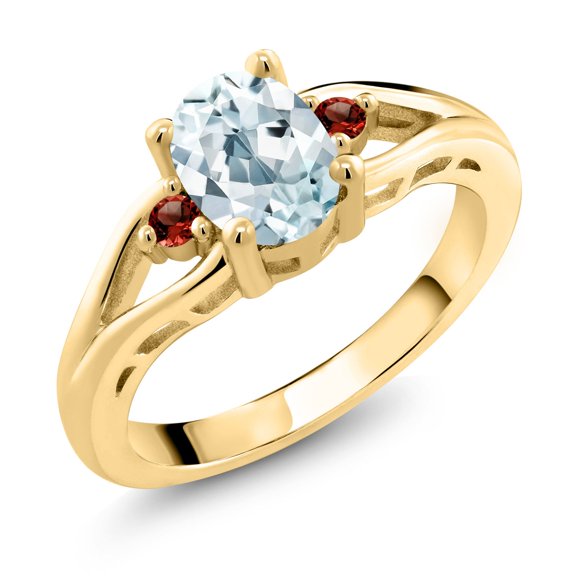 Gem Stone King 18K Yellow Gold Plated Silver Sky Blue Aquamarine and Red Garnet 3 Stone Engagement Ring for Women | 1.30 Cttw | Oval 8X6MM | Round 2MM | Gemstone March Birthstone | Size 6