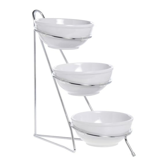 HUBERT® Small 3-Tier White Bowl and Silver Wire Display Stand - 8"L x 15"W x 19 1/2"H