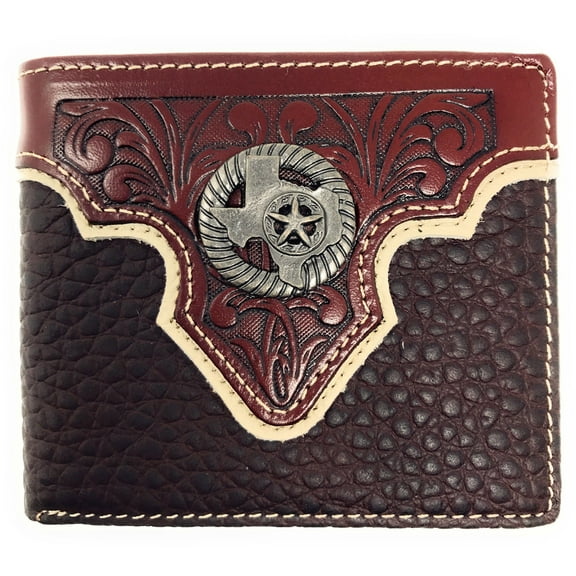 Western Genuine Leather Floral Tooled State Map Concho Mens Short Bifold Wallet