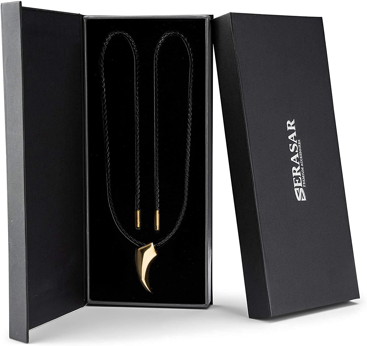 SERASAR Leather Necklace for Men "Wolf" with Stainless steel Pendant and Magnetic Closure, Gold 50cm, incliding Gift box