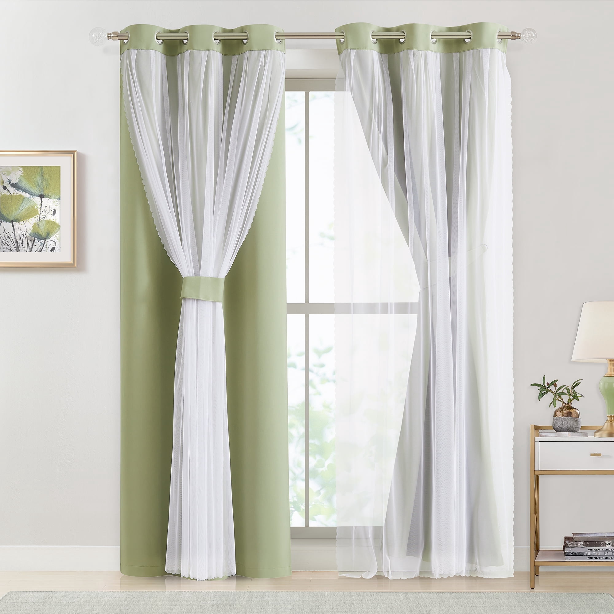Pinewave Blackout Curtains with Sheer Overlay Mix and Match Double Layer Thermal Insulated Window Panels 84 inch Living Room Drapes 37" Wx84 Lx2,Green