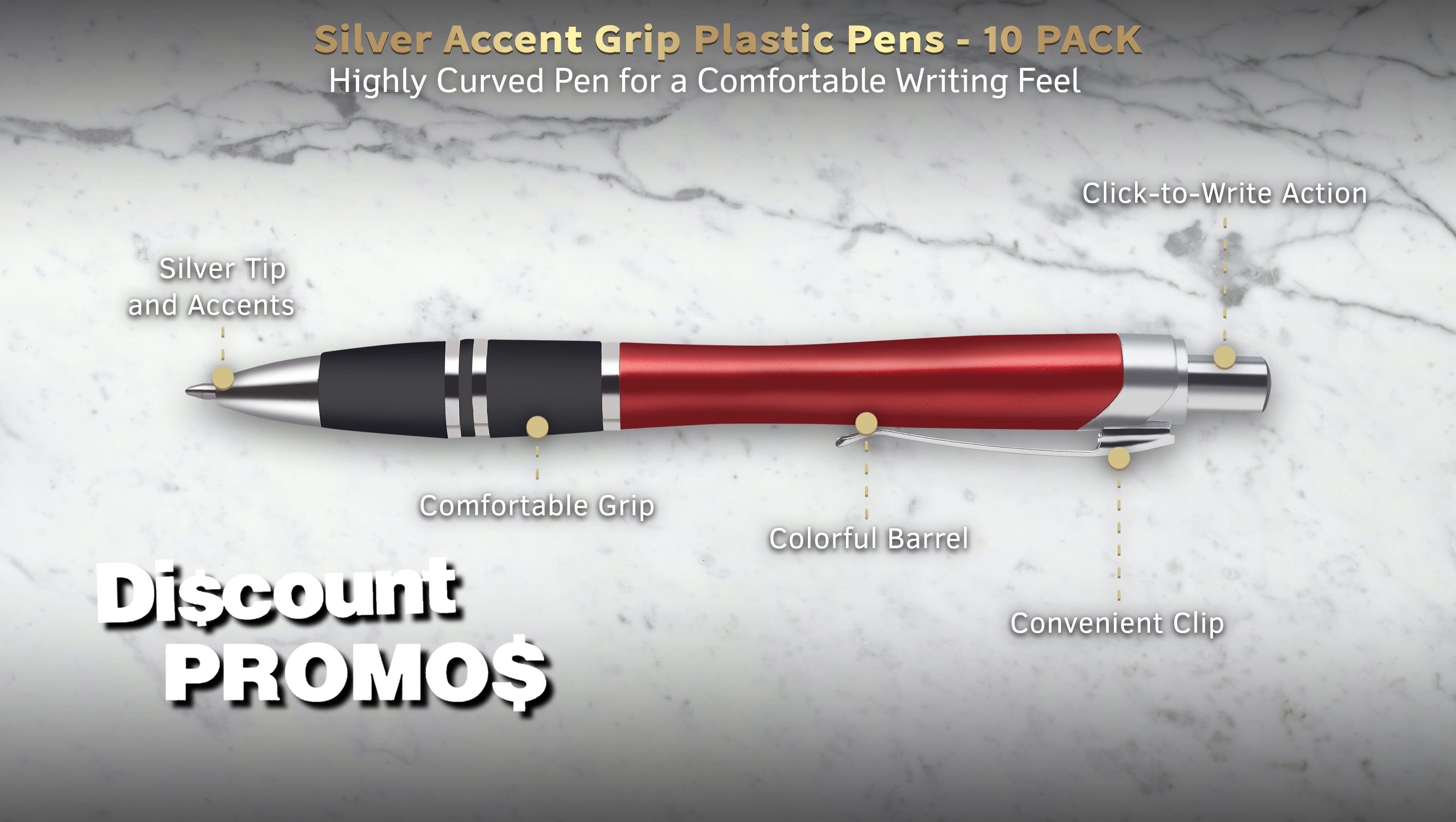 10 Silver Accent Grip Plastic Pens Pack - Click action, Rubber Grip - Red