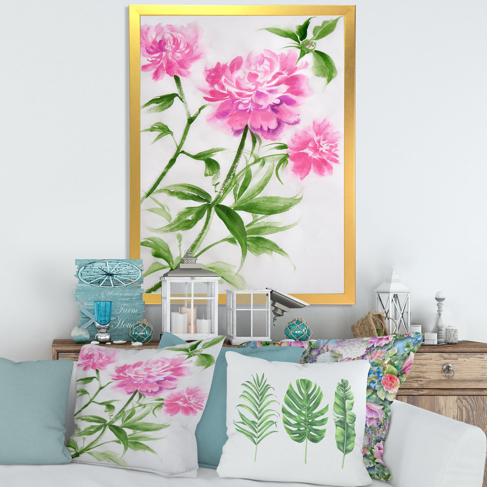 Designart 'Purple Peonies With Green Bush II' Traditional Framed Art Print