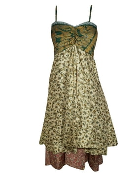 Mogul Women Green,Beige Vintage Recycled Sari Printed Sundress Layered Spaghetti Strap Beach Summer Dresses S/M