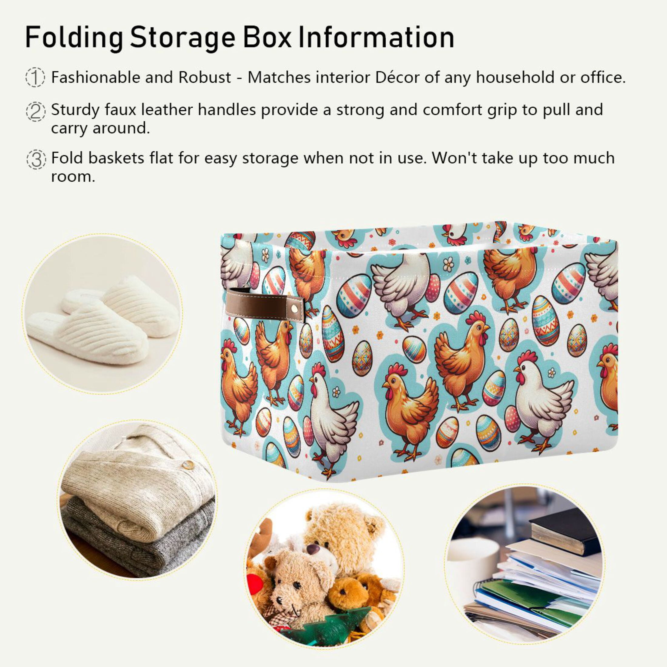 Easter Egg and Chicken Storage Bins with Handle Fabric Organizer Basket Foldable Box 2 Pack 14.2x10.2x8.3