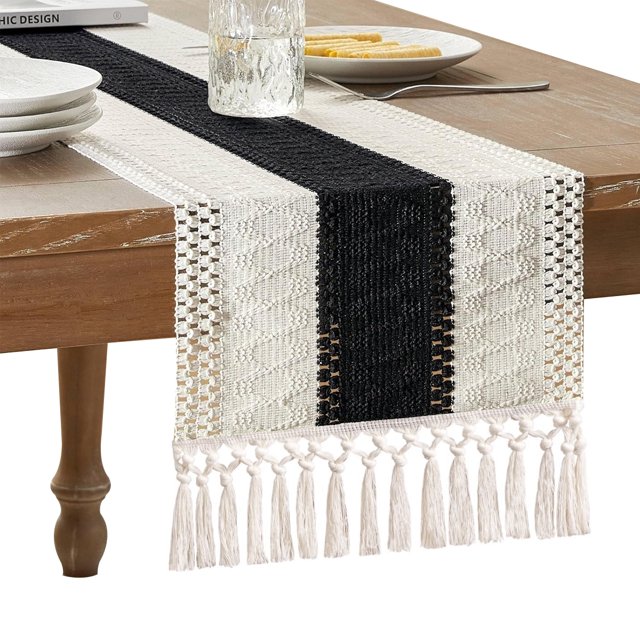 Camino de mesa rústico de 72 pulgadas de largo con borlas para decoración del hogar, estilo granja, de arpillera de macramé color crema y marrón, decoración de mesa otoñal para sala de estar,