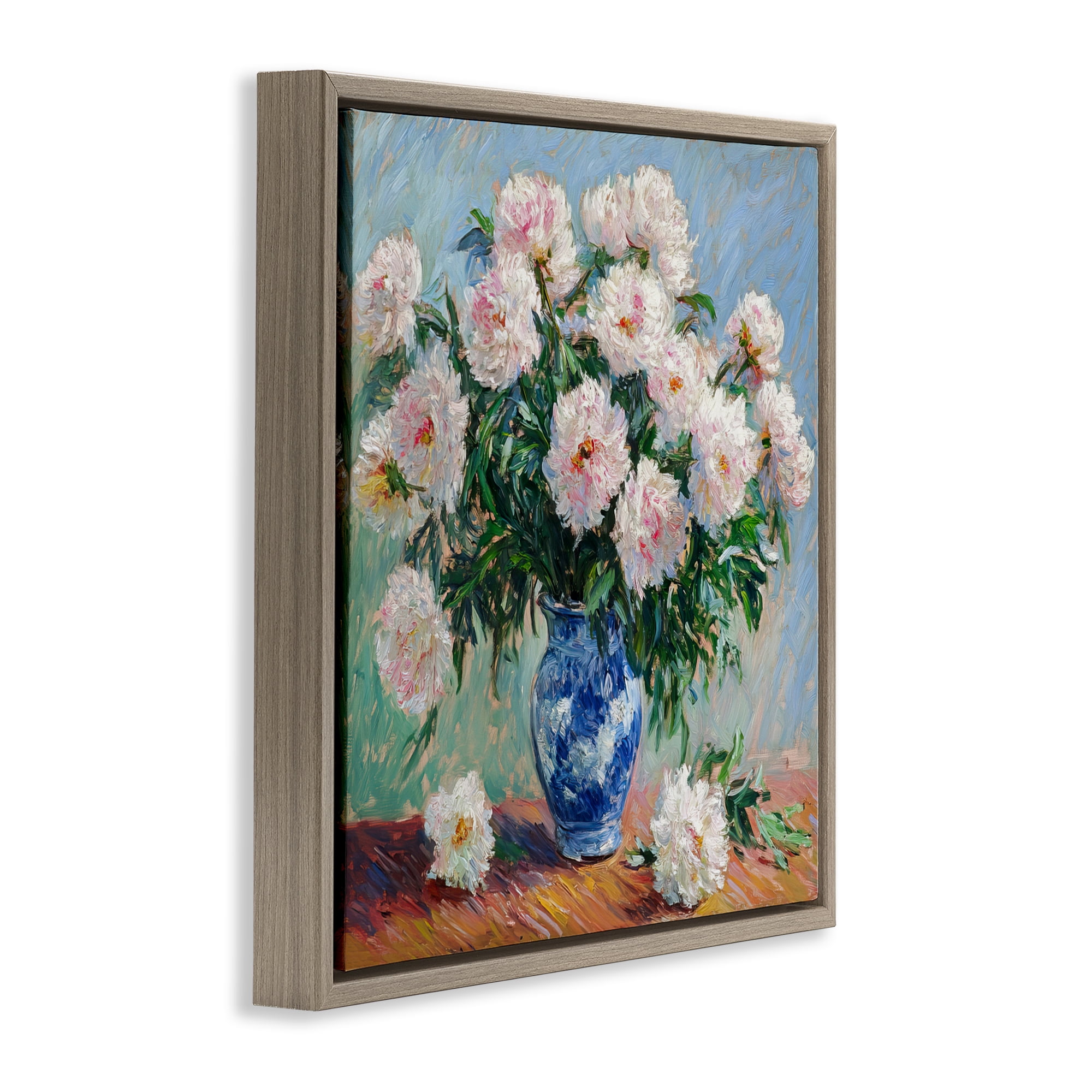 Stupell Industries Peonies in Blue Vase Brown Framed Floater Canvas Wall Art, design by Tina LeCour