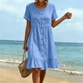 thumbnail image 3 of Summer Womens Plus Size Dress 100% Cotton Casual Short Sleeve V-Neck Button Front Hem Mini Dress, 3 of 9