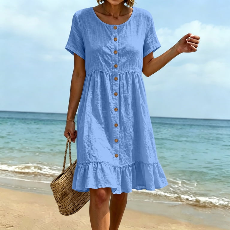 cotton vacation dresses Kilaqueen Linen for Women Spaghetti Strap Mini Dress Casual Flowy V Neck Sundress Summer Beach Dresses with Ruffle Hem Made with soft Lcziwo Cotton Vacation Dresses for