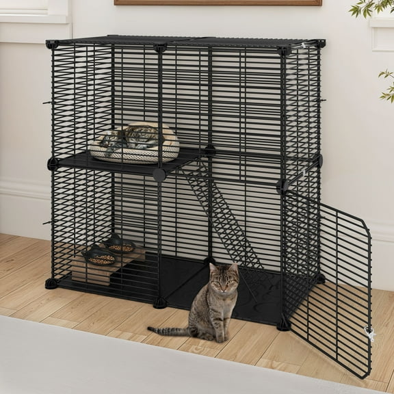 Uforic 2 Tier Indoor Cat Cage,28" Cat Enclosure DIY Cat Playpen for 1-2 Cats,28"L x 14"W x 28"H,Black