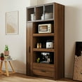 thumbnail image 3 of GVN 70.87" Buffet Sideboard Cabinet with Pull-out Multi-tier Storage Shelf and 1 Drawers, Pantry Cabinet with Aluminum Frame Glass Door and Microwave Stand for Dining Room, Brown, 3 of 7