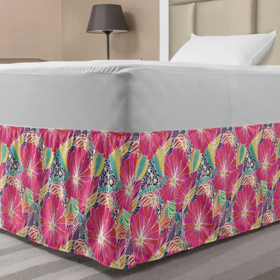 Floral Bed Skirt, Energetic Illustration of Summer Flowers and Leaves Refreshening Botanical Art, Elastic Bedskirt Dust Ruffle Wrap Around for Bedding Decor, 4 Sizes, Multicolor, by Ambesonne